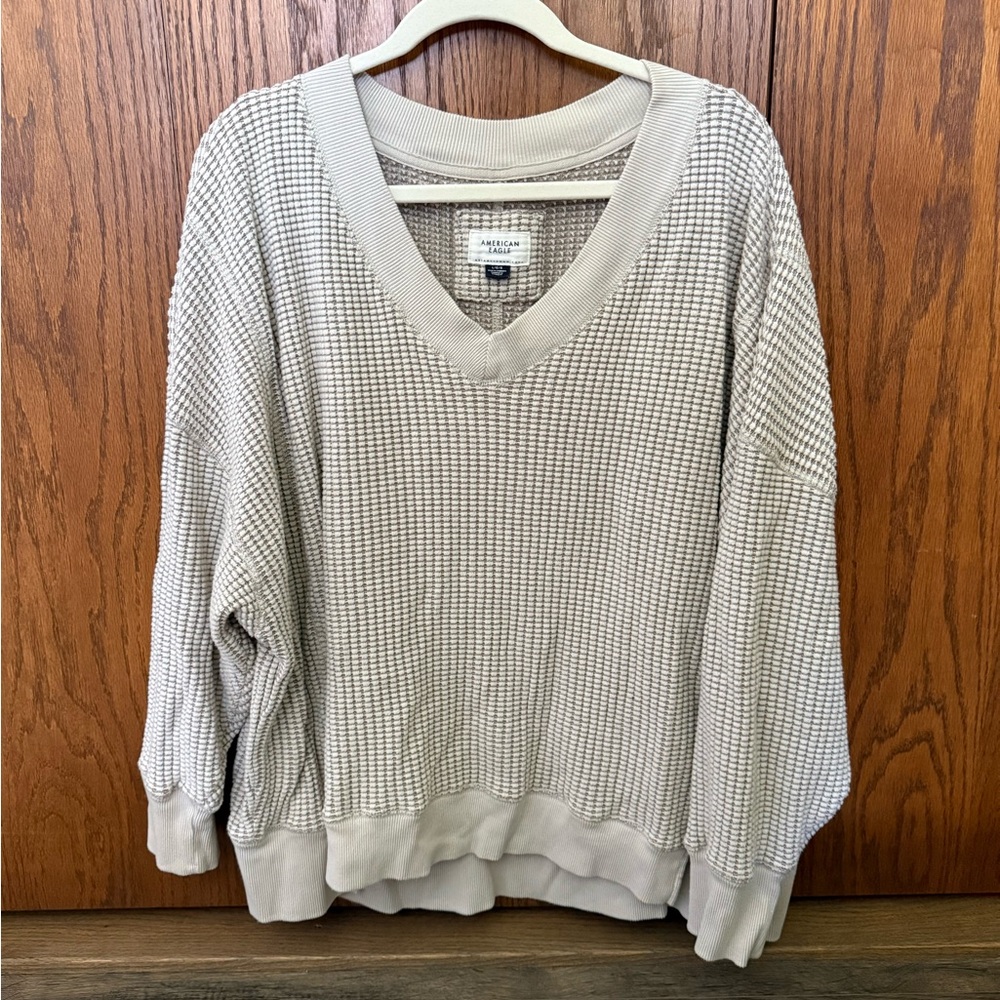 American Eagle Outfitters Women's Light Cream Waffle V-Neck Sweater